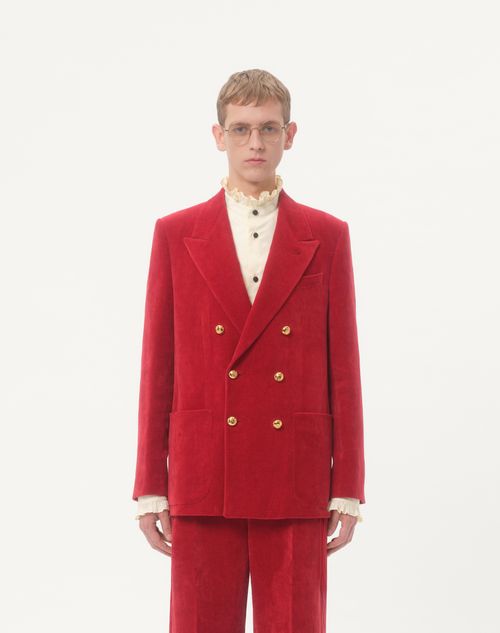 Valentino - Double-breasted Jacket In Washed Cotton-linen Velvet - Crab - Man - Coats And Blazers