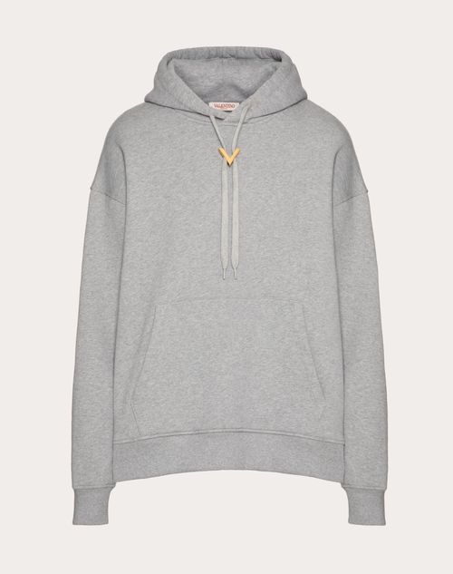 Shop Valentino Cotton Hoodie With Metallic V Detail In Grey
