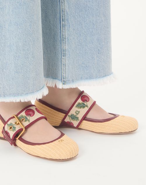 Valentino Garavani - Mary-jane Bribri Raffia Ballerina With Cherryfic Embroidery - Beige - Woman - Ballerinas