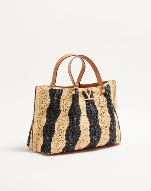 Valentino Garavani - Valentino Garavani Medium Raffia Shopping Bag With Wave Motif. - Natural/black - Woman - Totes