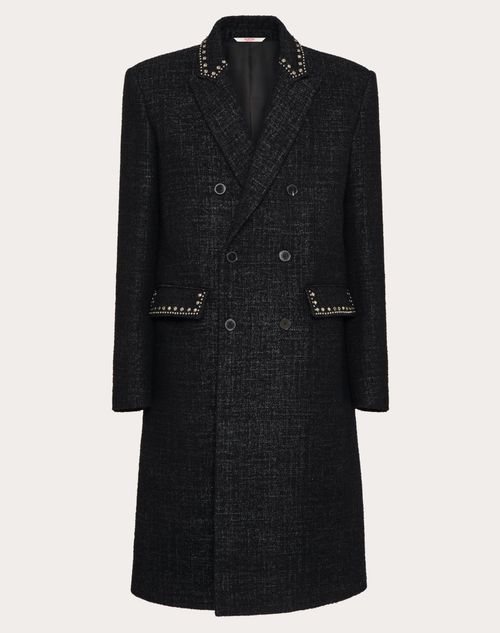 Shop Valentino Double-breasted Wool Coat With Cabochons In Anthracite