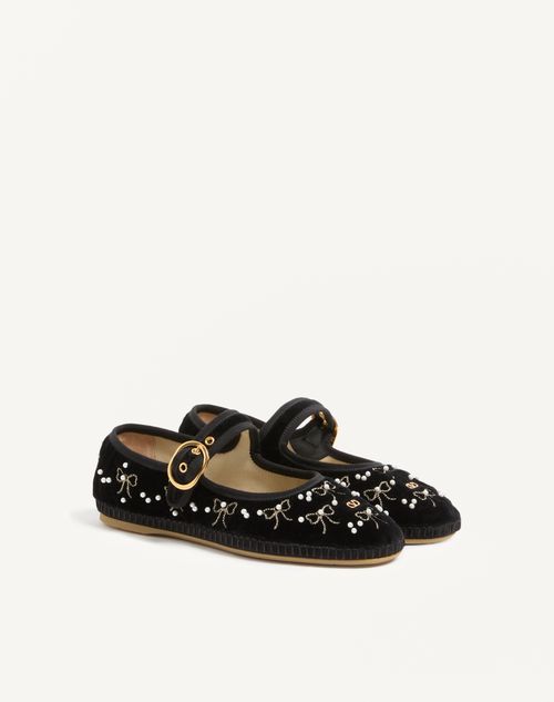Valentino Garavani - Mary-jane Endouce Velvet Ballerina With Bow Embroidery - Black - Woman - Ballerinas