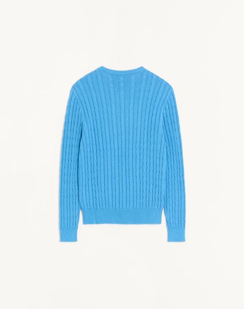 Valentino - Valentino Cable-knit Cotton Crew Neck Jumper With Vlogo On The Chest - Azure - Man - Knitwear
