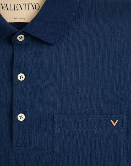 Valentino - Valentino Polo Shirt In Cotton Piquet With Vgold - Blue - Man - T-shirts And Sweatshirts
