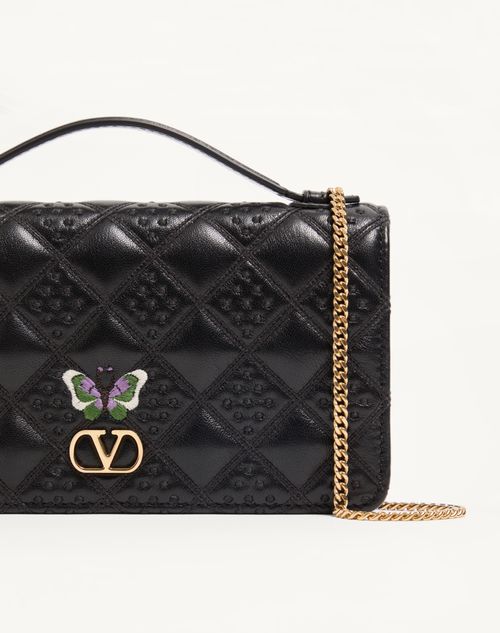 Valentino Garavani - Flutterby Valentino Garavani Chain Wallet In Shiny Nappa Leather With Butterfly Embroidery - Black - Woman - Clutches