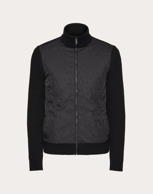 Valentino Wool Knit Jacket With Toile Iconographe Nylon Jacquard Front Panel In Black
