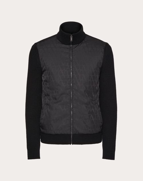 Shop Valentino Wool Knit Jacket With Toile Iconographe Nylon Jacquard Front Panel In Black