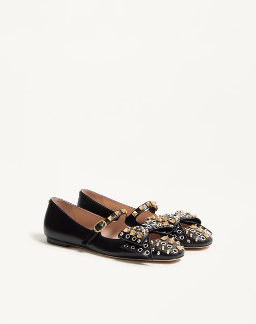 Valentino Garavani - Mary-jane Bowow Ballerina In Kidskin With Studs - Black - Woman - Ballerinas