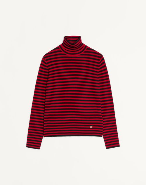 Valentino - Maglione Collo Alto Valentino In Lana Con Patch Vlogo - Rosso/nero - Uomo - Maglieria