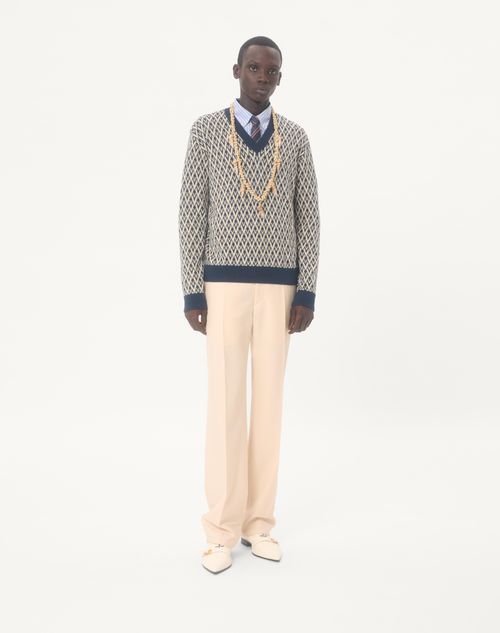 Valentino - Wool Jumper With Toute La V Jacquard Pattern - Navy/cream - Man - Knitwear