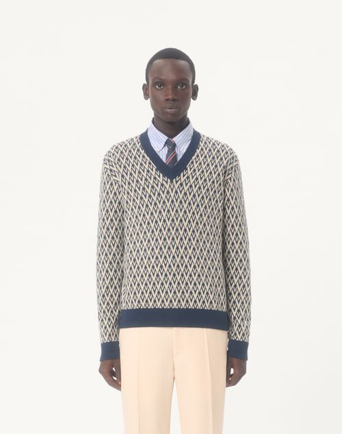 Valentino - Wool Sweater With Toute La V Jacquard Pattern - Navy/cream - Man - Knitwear