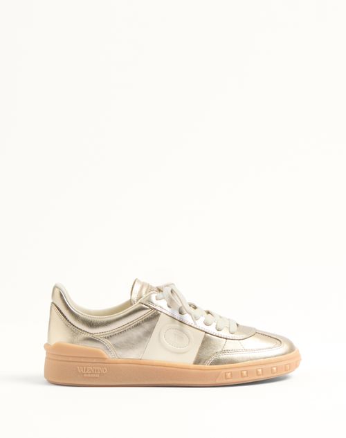 Shop Valentino Garavani Upvillage Trainer In Laminated Calfskin With Nappa Calfskin Leather Band Woman Wh In ホワイト/プラチナ