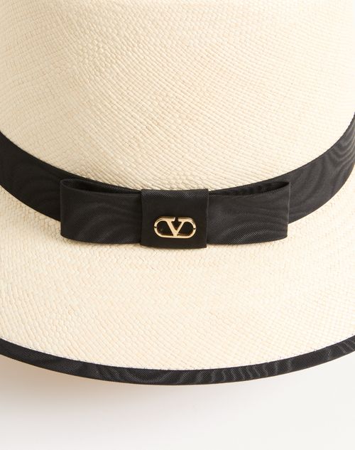 Valentino Garavani - Vlogo Signature Straw Hat With Moiré Ribbon - Natural/black - Woman - Hats And Gloves