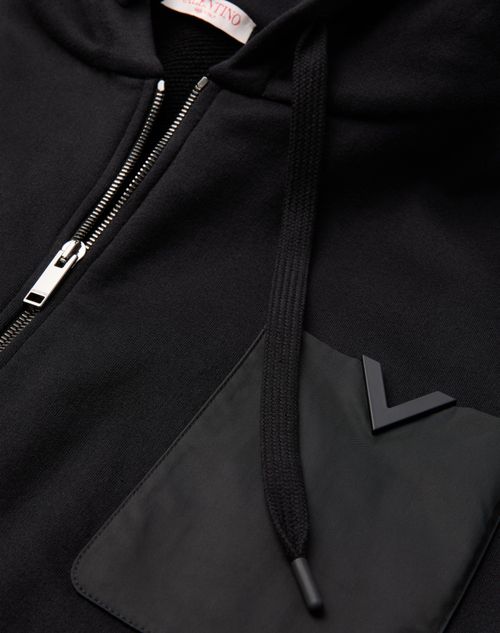 Valentino - Technical Cotton Sweatshirt With Hood, Zipper And Rubberized V Detail - Black - Man - T-shirts And Sweatshirts