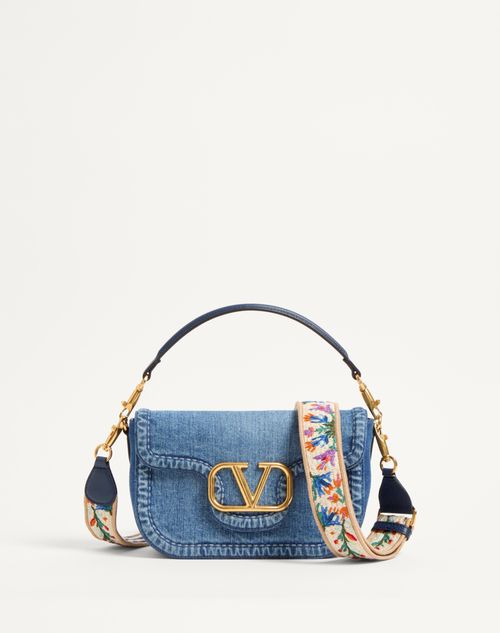 Valentino Garavani Garavani Alltime Denim Shoulder Bag With Embroidered Ribbon Strap Woman Denim/wor In Denim/worker/multicolour
