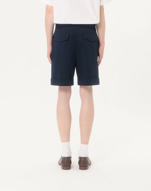 Valentino - Valentino Cotton Gabardine Bermuda Shorts With Turn-up And Vlogo Embroidery - Navy - Man - Pants And Shorts