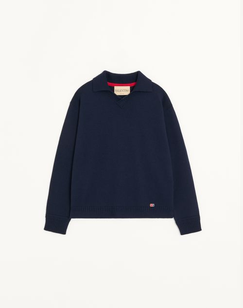 Valentino - Valentino Wool Sweater With Vlogo Signature Patch And Polo Collar - Navy - Man - Knitwear