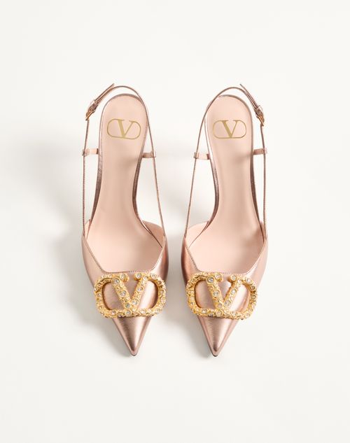 Valentino Garavani - Décolleté Slingback Vlogo Signature In Nappa Laminata 80mm - Rose Cannelle/crystal - Donna - Décolleté