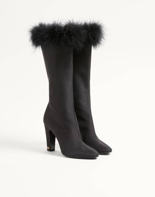 Valentino Garavani - Hotty Shantung Fabric Boot With Feathers 100mm - Black - Woman - Boots