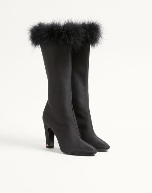 Valentino Garavani - Hotty Shantung Fabric Boot With Feathers 100mm - Black - Woman - Boots And Ankle Boots