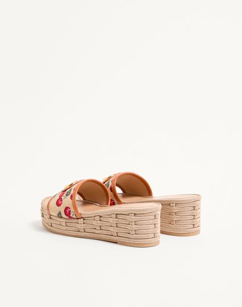 Valentino Garavani - Vlogo Signature Flatform Sandal In Jacquard Raffia With Cherryfic Motif 60mm - Natural/red - Woman - Espadrilles And Wedges