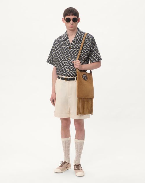 Valentino - Cotton Popeline Bowling Shirt With Toute La V Print - Navy/cream - Man - Shirts