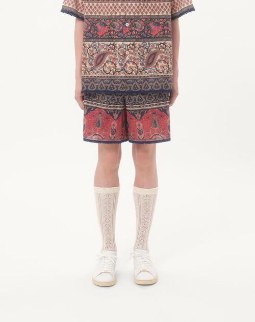 Valentino - Cotton Muslin Bermuda Shorts With Voyage Imaginaire Print And Passementerie Trim - Multicolour - Man - Trousers And Shorts