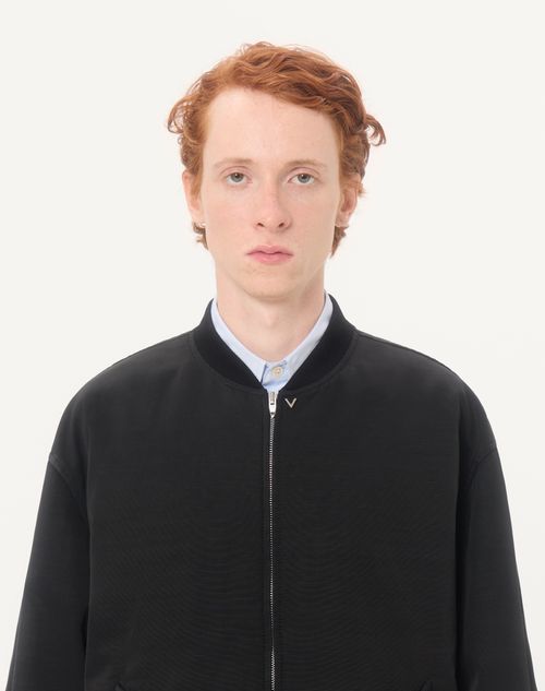 Valentino - Valentino Bomber Jacket In Viscose And Cotton Cannetté With Metallic V Detail - Black - Man - Outerwear
