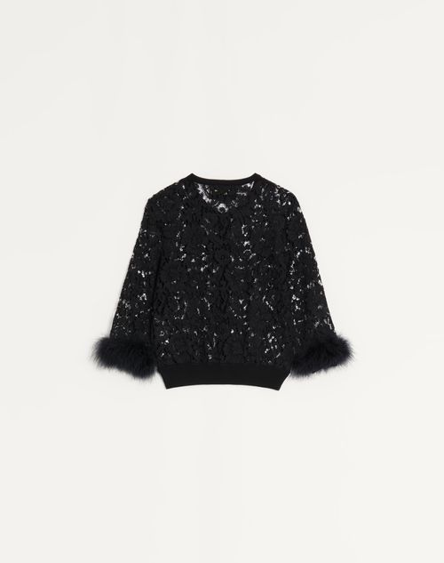 Valentino - Cardigan In Pizzo E Cotone - Nero - Donna - Maglieria