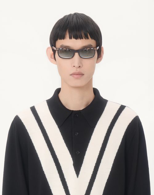 Valentino - Valentino Wool Polo Shirt With Inlaid V - Black/butter - Man - Knitwear