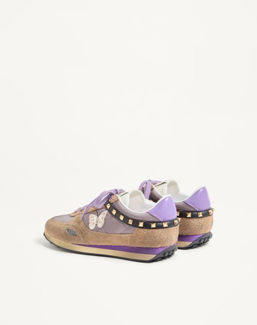 Valentino Garavani - Stud Up Sneaker In Split Leather And Nylon With Butterfly Embroidery - Lilac/multicolor - Man - Sneakers