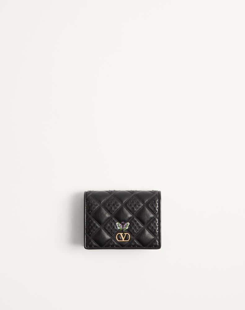 Valentino Garavani Flutterby Wallet In Shiny Nappa Leather With Butterfly Embroid In ブラック