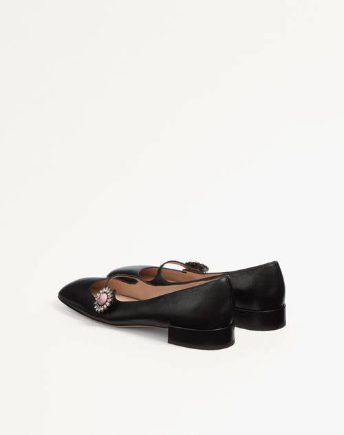 Valentino Garavani - Mary-jane Preshoes Ballerina In Kidskin With Jewel Button 20mm - Black/crystal/pink - Woman - Ballerinas