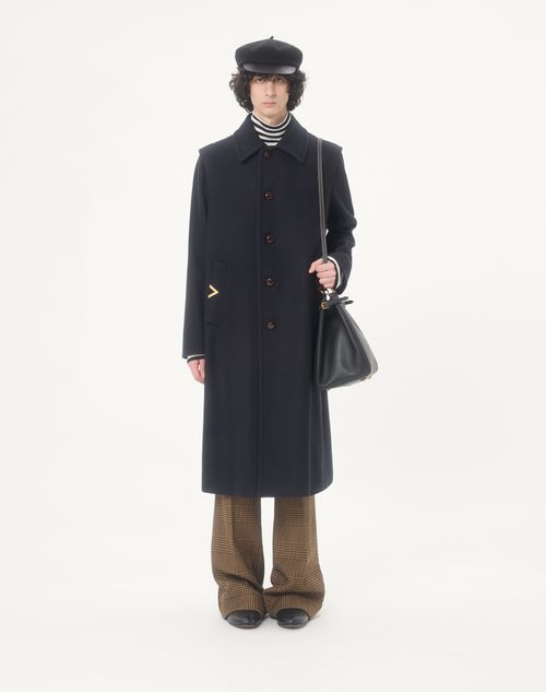 Valentino - Manteau Droit Valentino En Feutre De Laine Avec Vgold Sur Les Poches Latérales - Marine - Homme - Manteaux Et Blazers