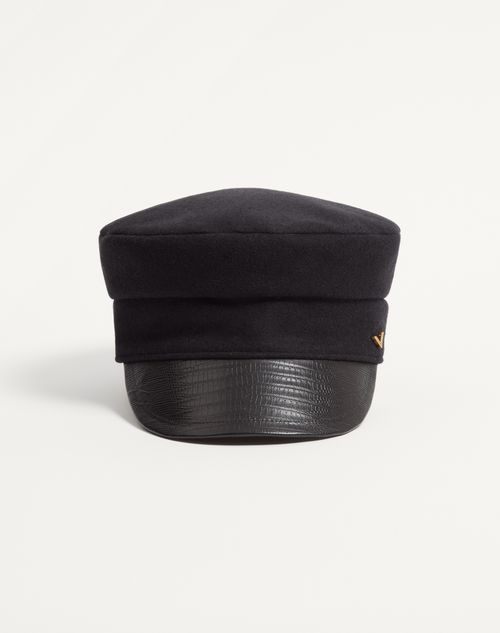 Valentino Garavani - Valentino Garavani Vlogo Signature Wool And Printed Leather Cap - Black - Woman - Hats And Gloves