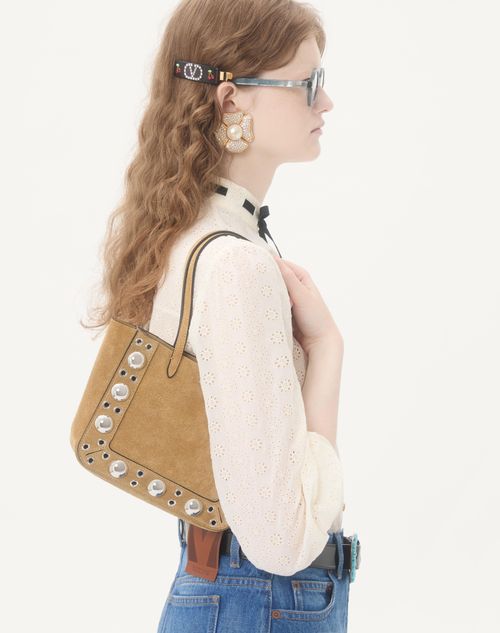 Valentino Garavani - Valentino Garavani Nellcôte Mini Suede Shopping Bag - Havana Beige - Woman - Totes