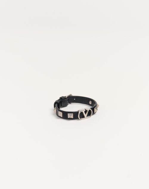 Valentino Garavani - Pulsera Vlogo Signature De Cuero Graneado De Becerro - Negro - Hombre - Joyas