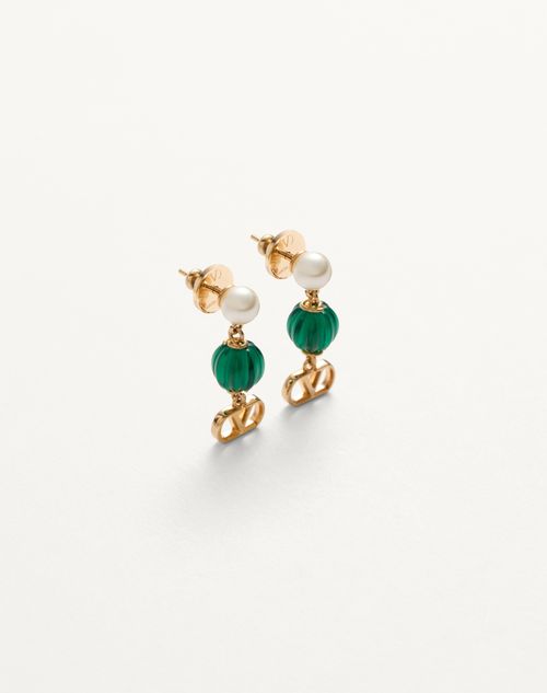 Valentino Garavani - Vlogo Signature Earrings In Metal, Pearl And Knurled Glass - Gold/green - Woman - Jewelry