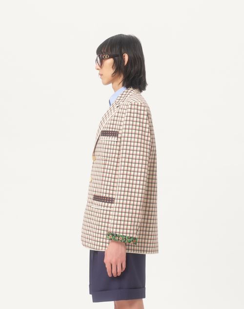 Valentino - Single-breasted Cotton Jacket With Check Pattern And Printed Edges - Yellow/black/red - Man - Coats And Blazers