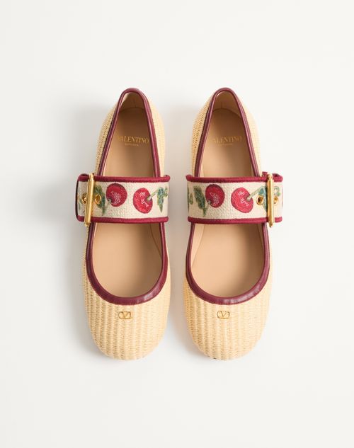 Valentino Garavani - Mary-jane Bribri Raffia Ballerina With Cherryfic Embroidery - Beige - Woman - Ballerinas