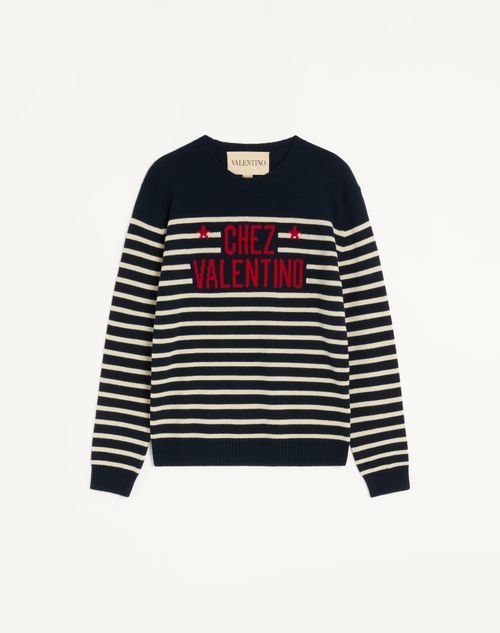 Valentino Wool Jumper With Chez Valentino Jacquard Motif Man Blue/butter Xl