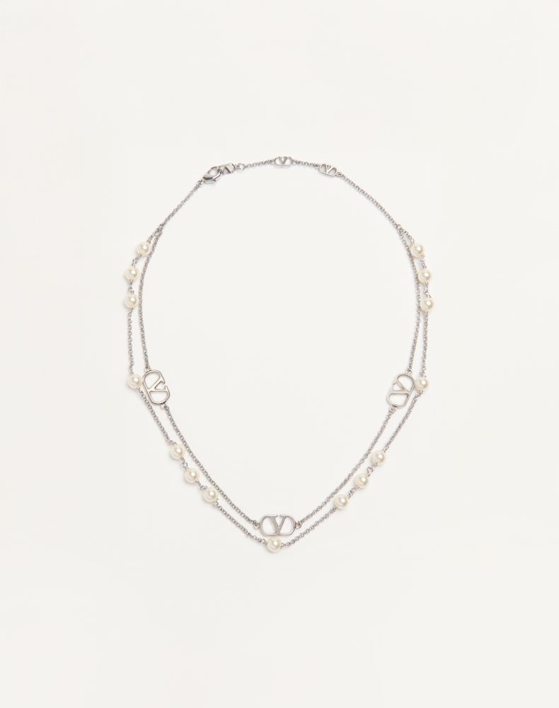 Valentino Garavani Women's Palladium/Cream Vlogo Signature Metal Necklace With Swarovski Pearls Woman Uni