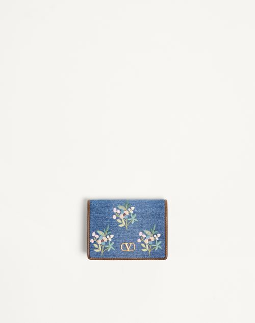 Valentino Garavani - Valentino Garavani Vlogo Signature Wallet In Denim With Floral Embroidery - Denim - Woman - Wallets And Small Leather Goods