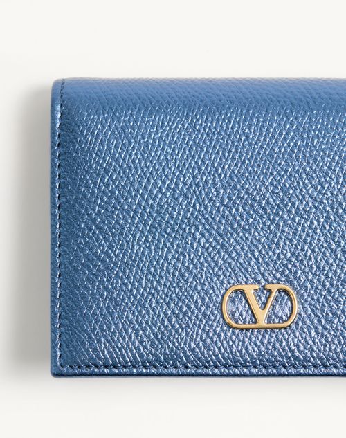 Valentino Garavani - Portefeuille Valentino Garavani Vlogo Signature En Cuir De Veau Grainé - Bleu Métallisé - Femme - Portefeuilles Et Petite Maroquinerie