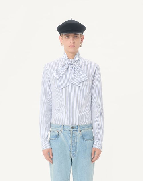 Valentino - Camicia Valentino In Popeline Di Cotone Con Con Collo A Sciarpa E Ricamo Vlogo - Azzurro/bianco - Uomo - Camicie