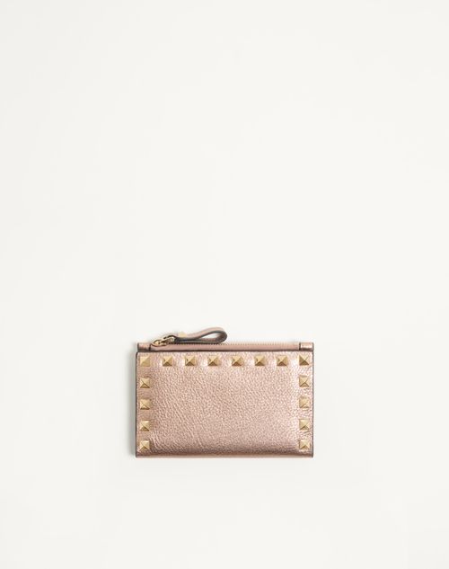 Valentino Garavani Rockstud Laminated Grainy Calfskin Card Holder With Zip Woman Rose Cannelle Onesize