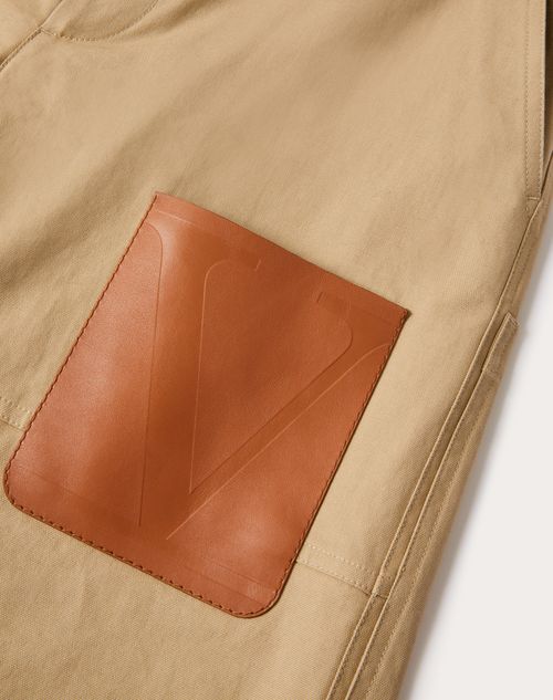 Valentino - Cotton Bermuda Shorts With Leather Pocket And Embossed Vlogo Signature - Beige - Man - Pants And Shorts