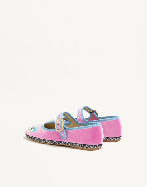 Valentino Garavani - Mary-jane Endouce Velvet Ballerina With Le Chat De La Maison Embroidery - Pink/baltic Blue - Woman - Ballerinas