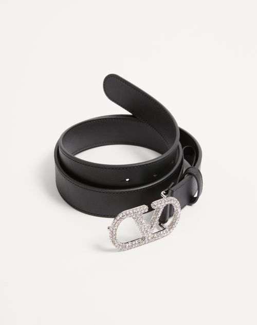 Valentino Garavani - Cintura Vlogo Signature In Vitello Lucido Con Cristalli 30 Mm - Nero - Donna - Cinture