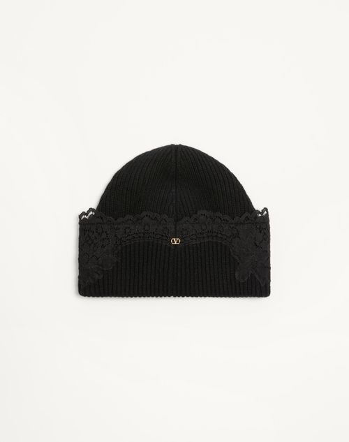 Valentino Garavani - Vlogo Signature Cashmere And Lace Beanie - Black - Woman - Hats And Gloves